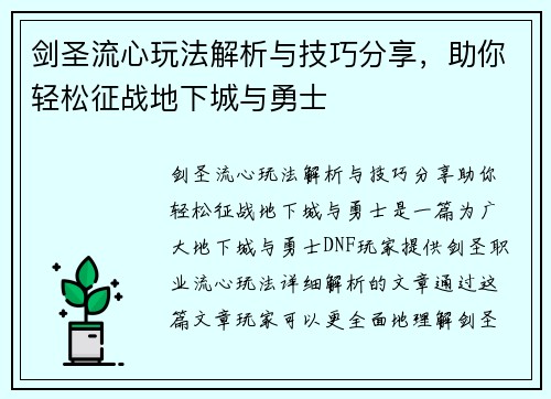 剑圣流心玩法解析与技巧分享，助你轻松征战地下城与勇士