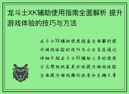 龙斗士XK辅助使用指南全面解析 提升游戏体验的技巧与方法 龙斗士XK辅助使用指南全面解析 提升游戏体验的技巧与方法